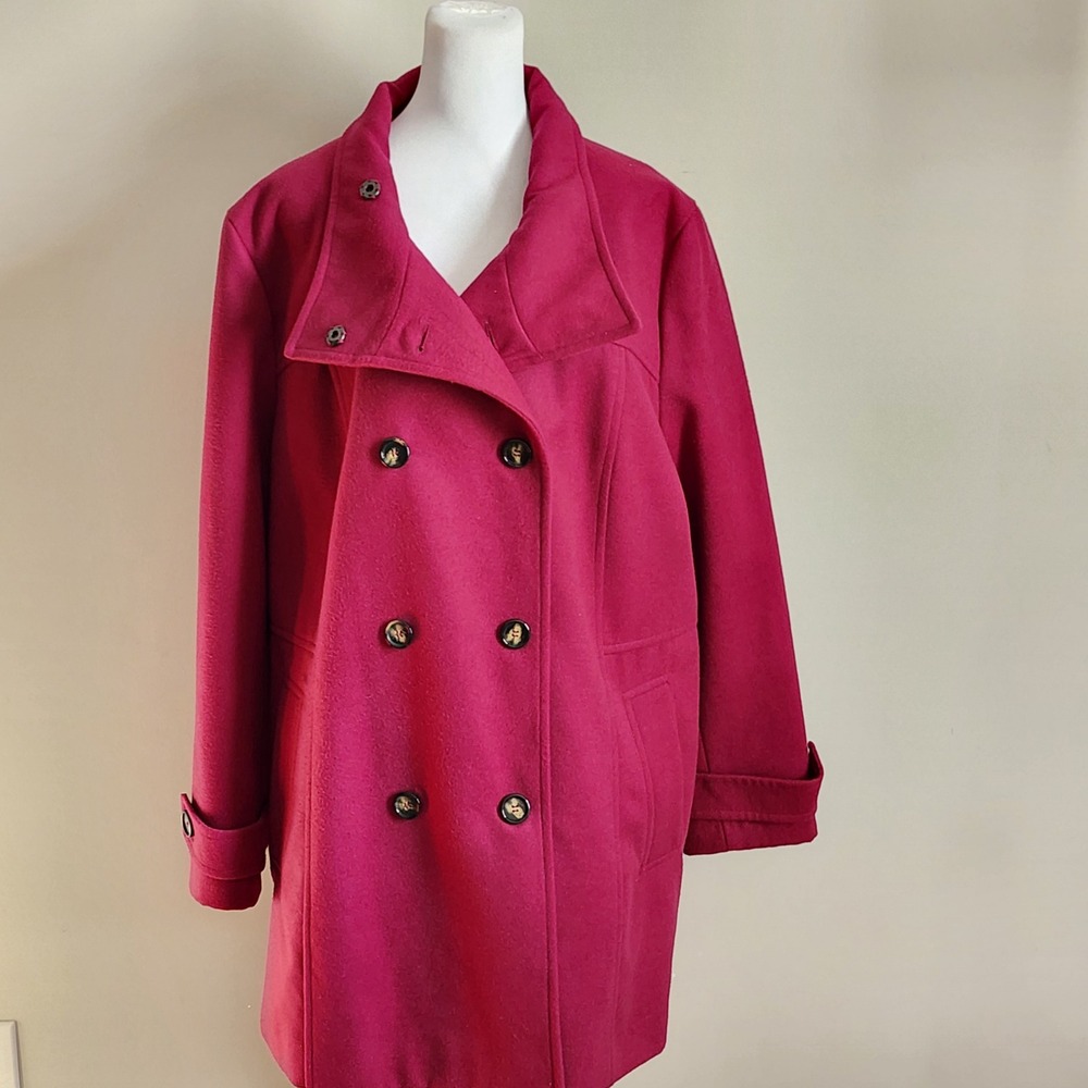 Jessica Pea Coat Womens 3X 24W Magenta Pink Double Breasted Coat Bright Career